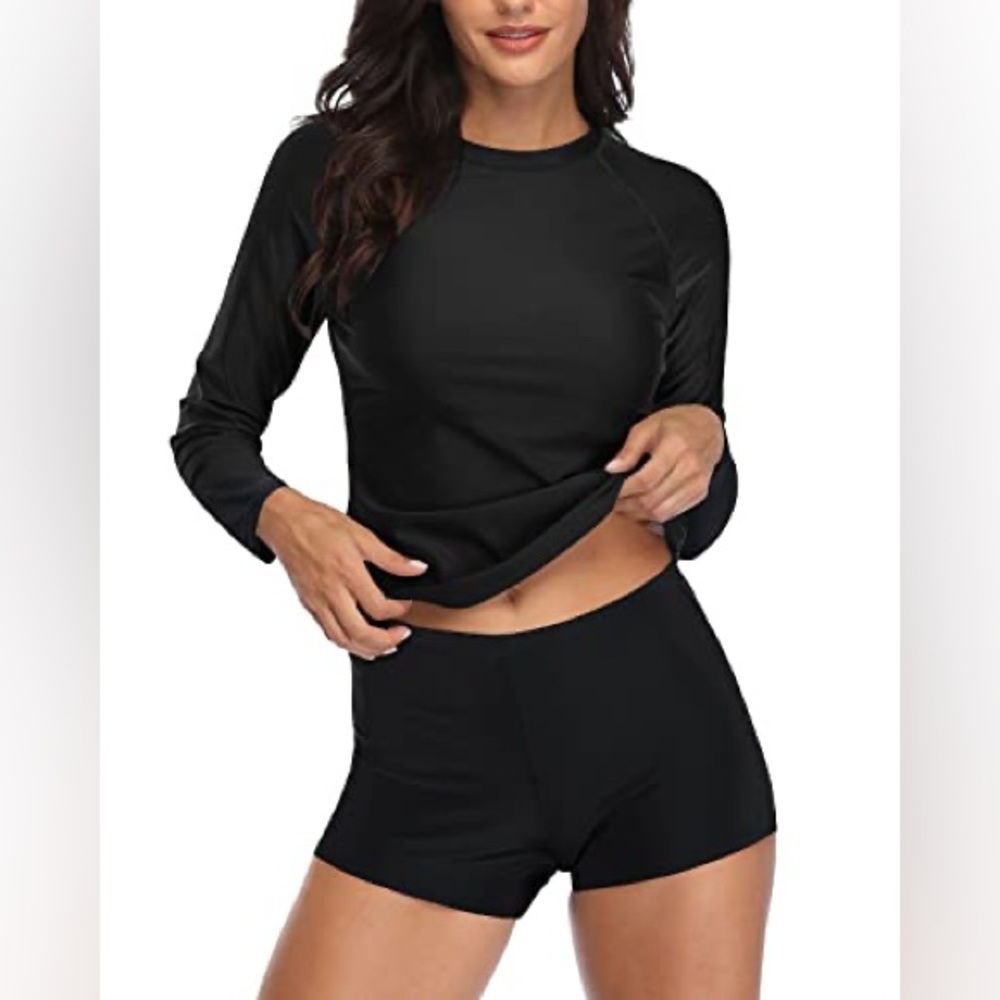 Women's Uv Protected Two Piece Swimsuit Long Sleeve Rash Guard-Black
